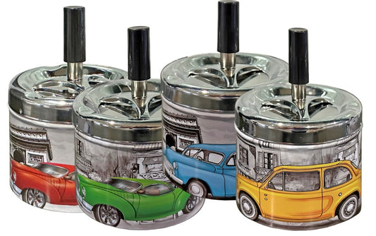 Schleuder-Aschenbecher rund D:9 H:12cm mit Design Retro Car Metall verchromt