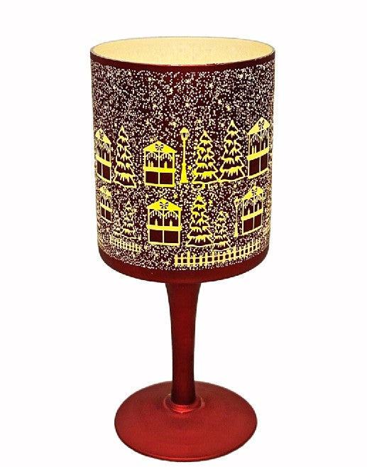 Windlicht Kelch aus Glas Bergdorfmotiv rot weiss
