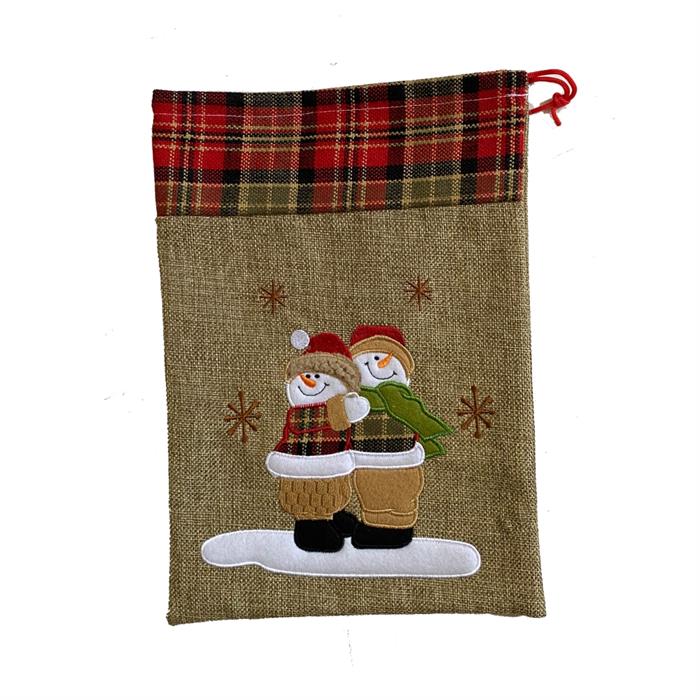 Sac en jute avec cordon rouge
 Motif : bonhomme de neige
 Taille: L:21 cm H:30 cm