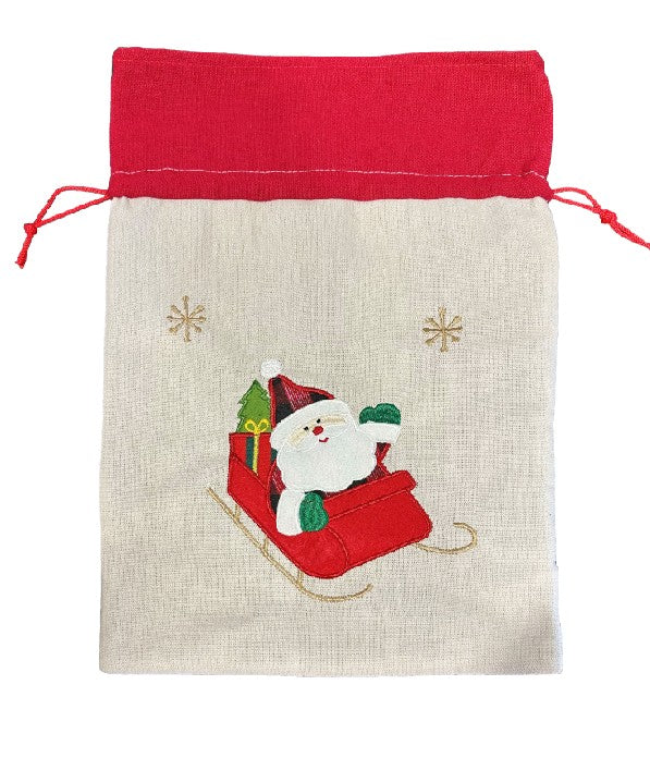 Jutesack mit rotem Zugband Santa im Schlitten Grösse: B:25cm H:35cm