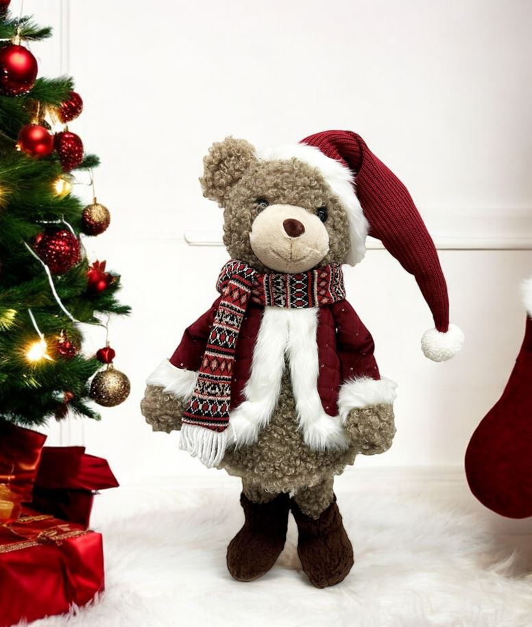 Deko Figur Bär stehend H65cm roter offener Mantel auf Feder wippend montiert