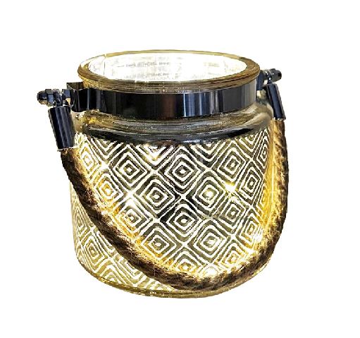 Windlicht aus Glas mit Kordel 
Goldenes Karomuster 
D10cm x H10cm