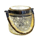 Windlicht aus Glas mit Kordel 
Goldenes Karomuster 
D10cm x H10cm