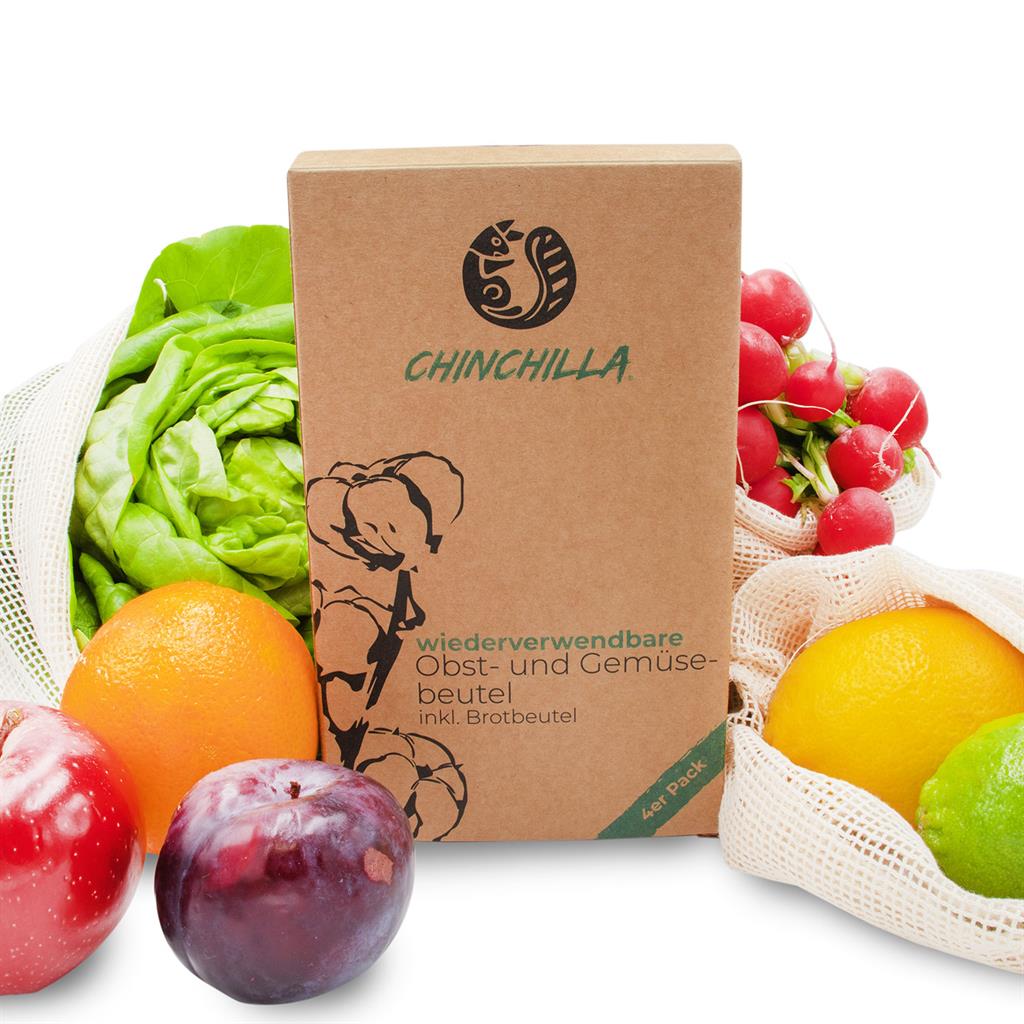 Obstbeutel 4er Set 3 Obst- und Gemüsebeutel plus 1 Brottasche aus 100% Biobaumwolle