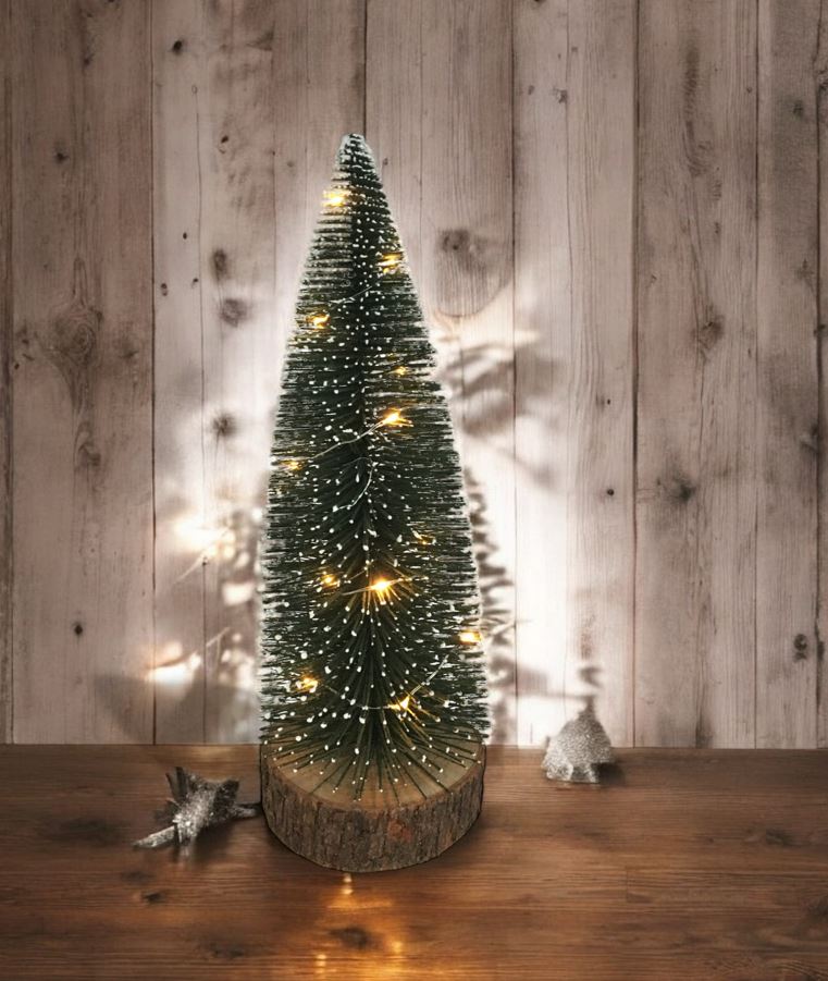 LED Tannenbaum Grün auf Holzsockel H:28cm D: 11cm Mit 10 Tautropfen LED