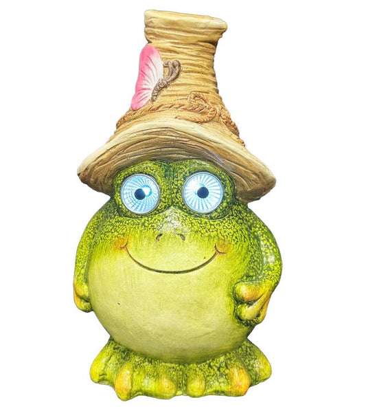 LED Solar Figur Frosch grün mit Hut und rotem Schmetterling