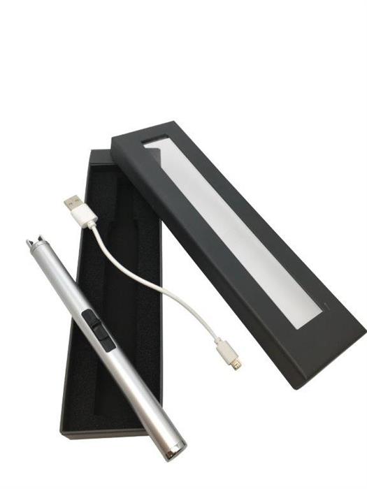 Lichtbogen USB-Stabfeuerzeug rund Farbe: Silber in Geschenkbox