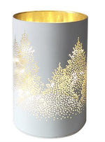 LED Windlicht aus Glas 
mit 8 LED 
weiss gold mit Baummotiv 
D10cm H15cm