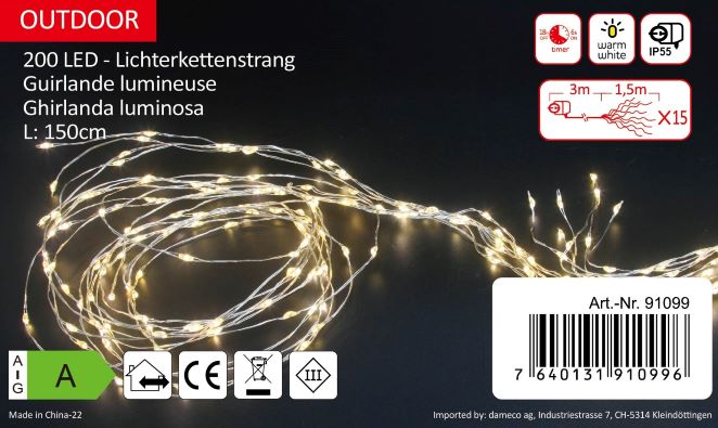 LED Outdoor Lichterkettenstrang 
200 LED - L: 150cm silber Draht
Warm weiss Licht