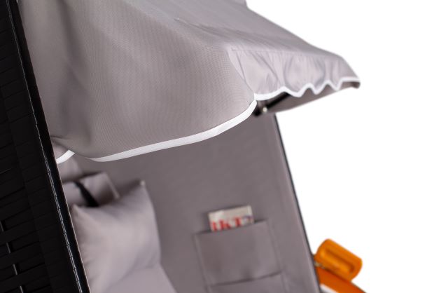 Strandkorb "Ostsee" Uni-Grau Massivholzgestell / wetterfestes Kunstrattan (schwarz)