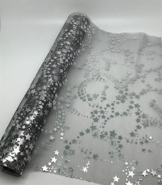 Dekostoff "Organza"- silber + silberne Sterne,
Design:Sternenwirbel,
Masse: 36cm x 300cm