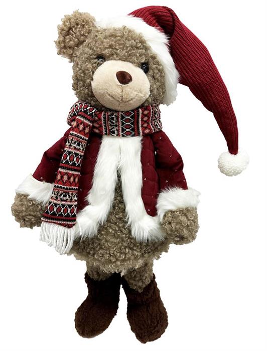 Deko Figur Bär stehend H65cm roter offener Mantel auf Feder wippend montiert