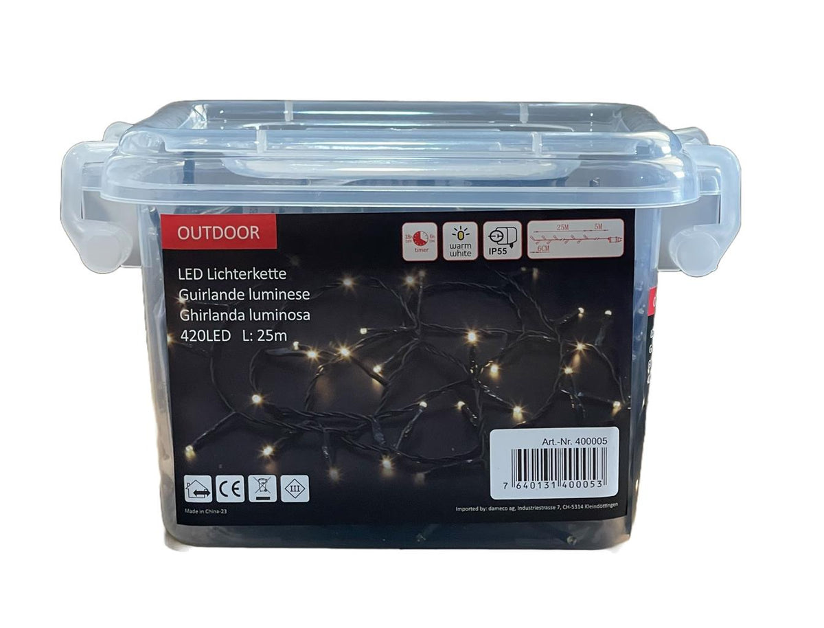 LED Outdoor Lichterkette 420 LED
Warm weisses Licht
L: 25m - Kabelfarbe: Grün