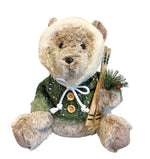 Deko Bär sitzend grün mit Kapuze und Ski in der Hand