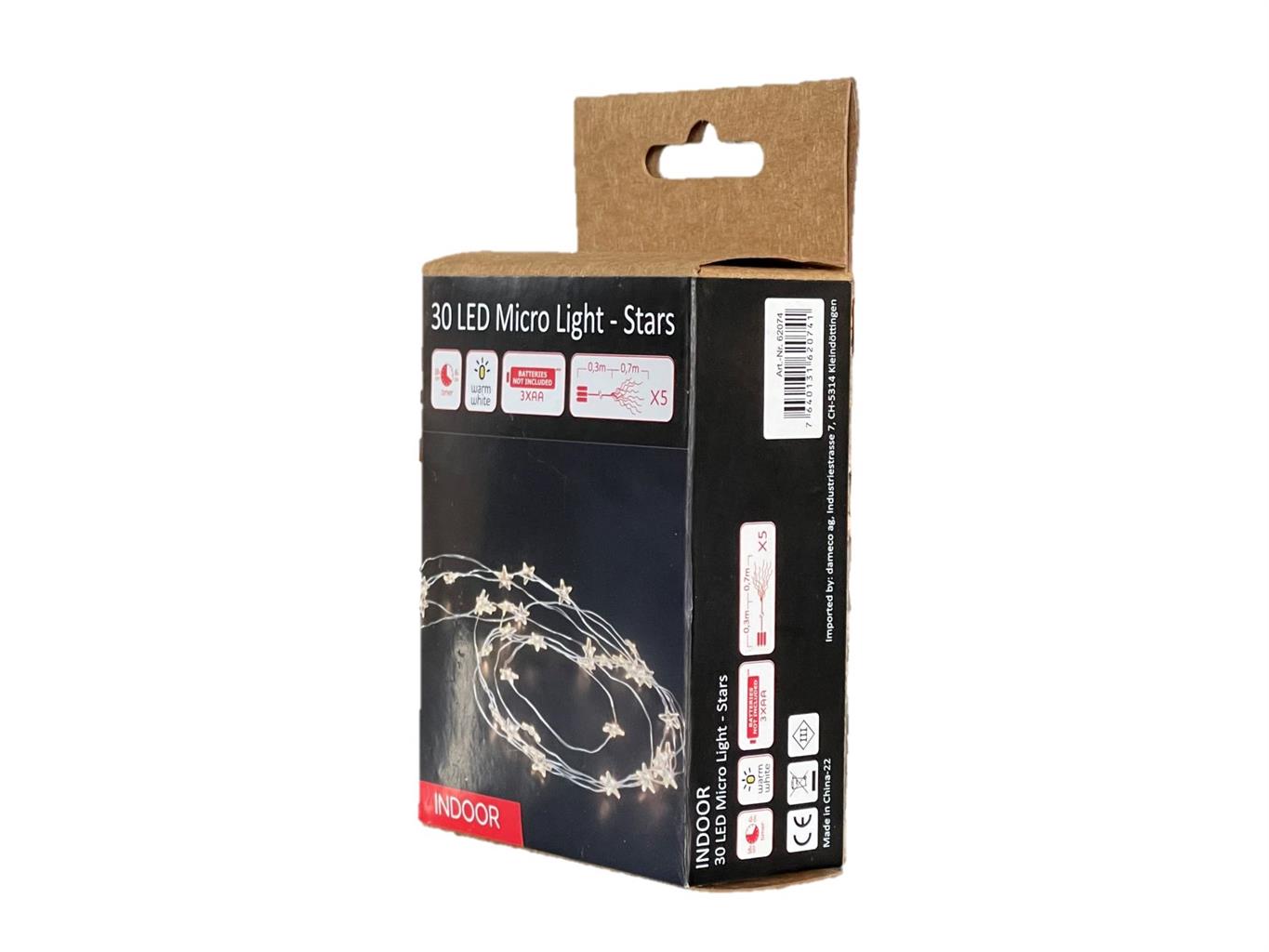 LED Micro Draht Lichterkette 
mit Sternen 30 LED 
L: 70cm 
silber Draht