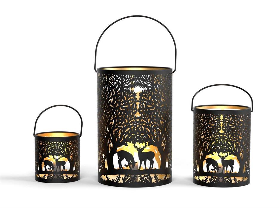 Windlicht Forest 3er Set mit Henkel aus Metall schwarz gold