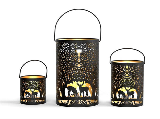 Windlicht Forest 3er Set mit Henkel aus Metall schwarz gold
