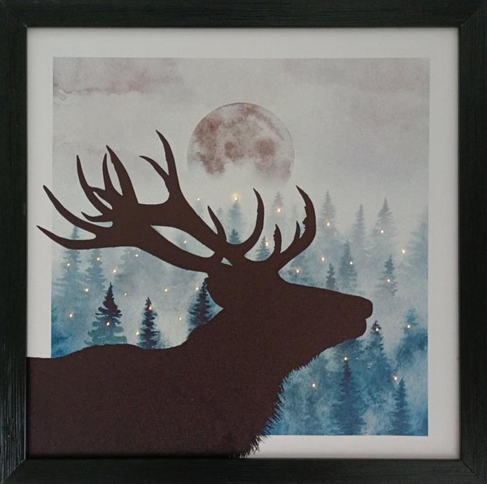 LED Bild aus Canvas
mit Holzrahmen 
Motiv: Hirschkopf  
mit 30 Fibre Optic LED