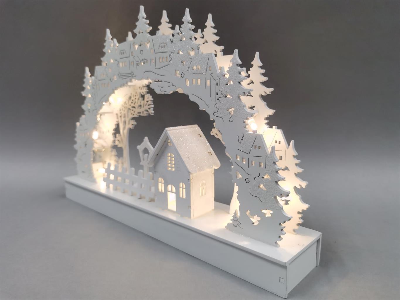 LED Diorama aus Holz mit 10 LED Dorf und Bogen warm weisses Licht