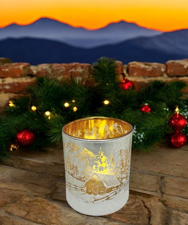 Windlicht aus Glas Bergdorfmotiv silber H7.8cm