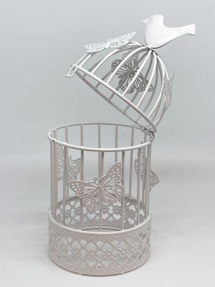 Deko Blumenkäfig weiss 
aus Metall mit Schmetterlingen
Grösse D10cm H22.5cm