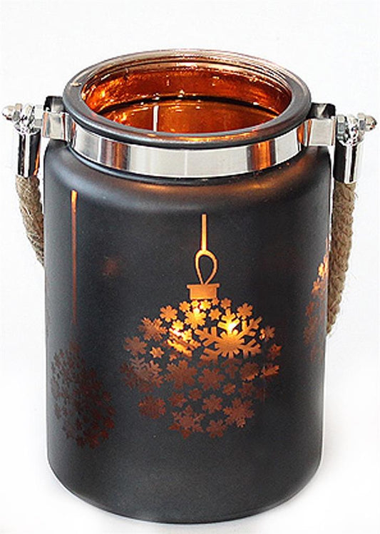 Windlicht aus Glas 
Motiv: Schneekugel 
Schwarz/gold 
H14.5cm