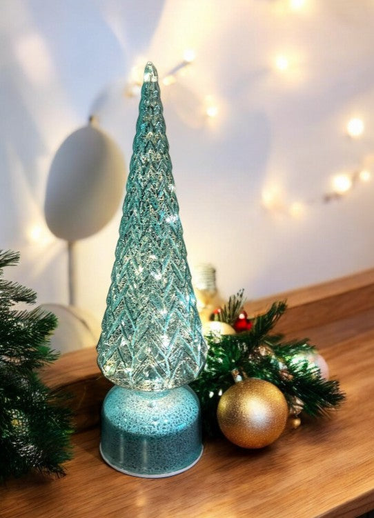 LED Glas DekoTannenbaum rotierend türkis, transparent mit 20 LED