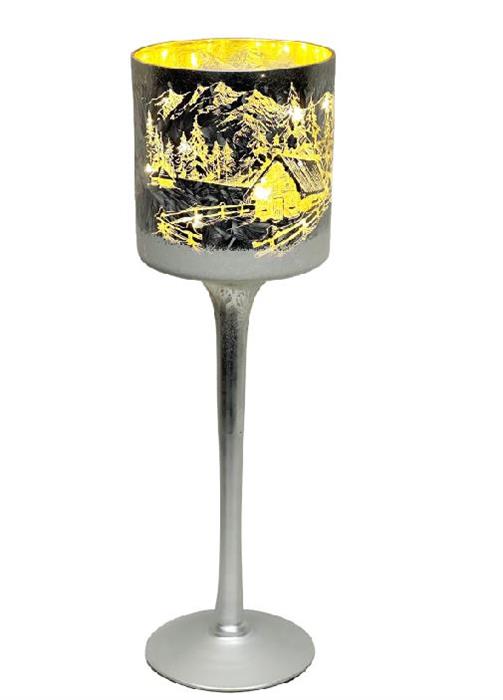 Windlicht Kelch aus Glas Bergdorfmotiv silber H30