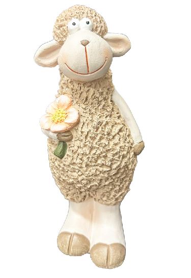 Dekofigur Schaf stehend braun mit Blume im Arm
