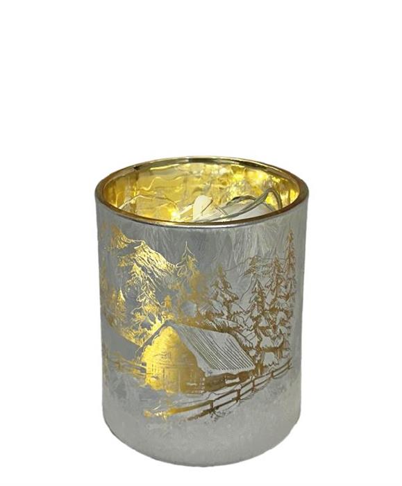 Windlicht aus Glas Bergdorfmotiv silber H10cm