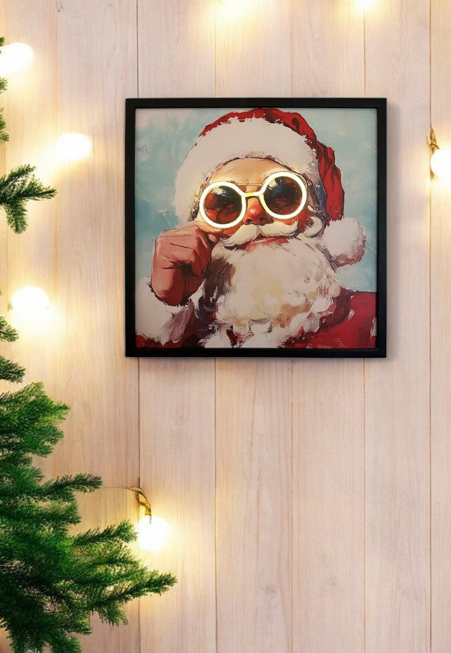 LED Bild Pop Art Santa mit Neon Brille mit Holzrahmen (MDF)