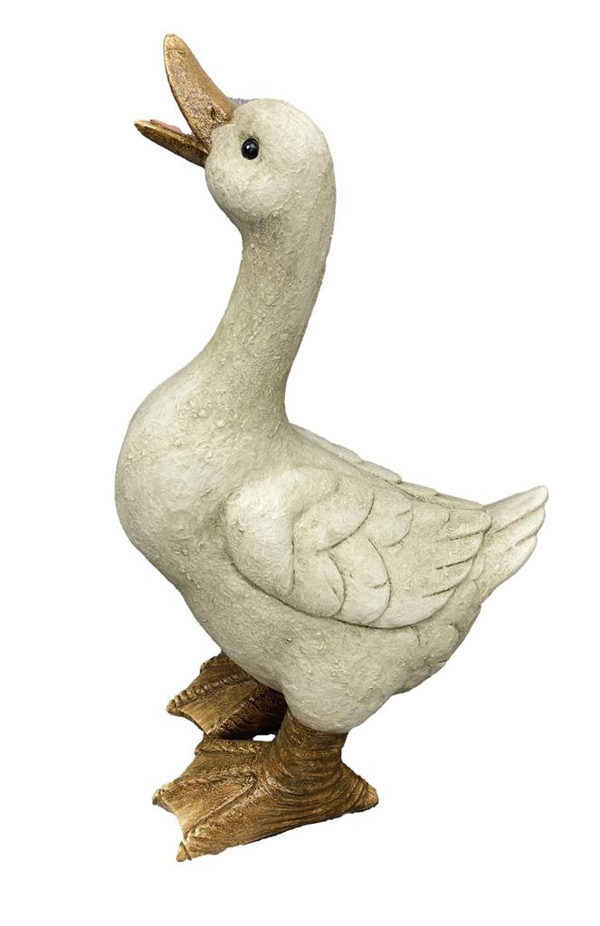 Ente stehend aus Polyresin 
Farbe: Weiss 
B:14cm T:22cm H:38cm