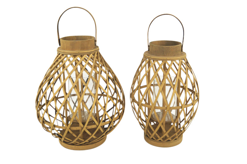 Laterne aus Bambus rund mit Griff und Glaseinsatz