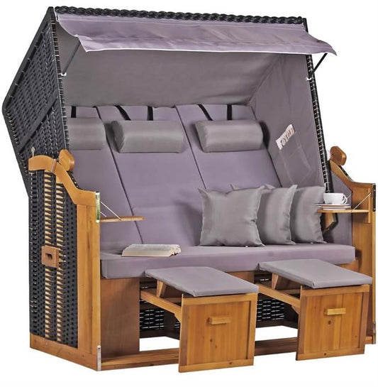 Strandkorb "Ostsee" XXL Uni-Grau Massivholzgestell / wetterfestes Kunstrattan (schwarz)