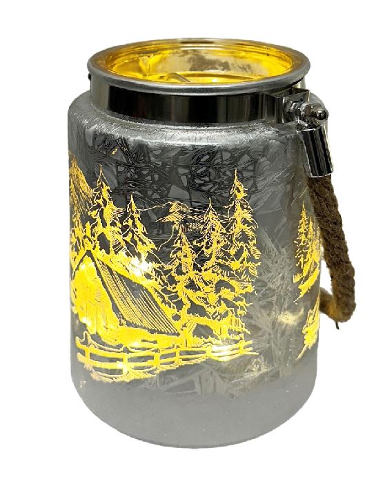 Windlicht aus Glas mit Hanfseil Henkel Bergdorfmotiv silber H14.5