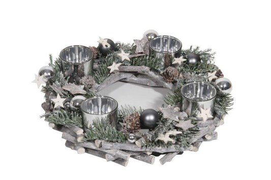 Weihnachtskranz dekoriert aus Holz White Wash D:30cm mit 4 Gläsern in Silber