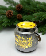 Windlicht aus Glas mit Hanfseil Henkel Bergdorfmotiv silber H10