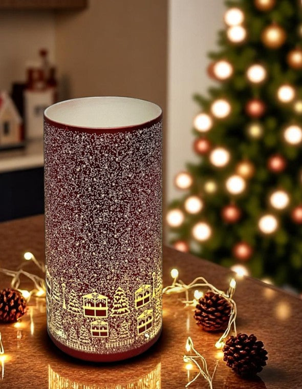 Windlicht aus Glas Bergdorfmotiv rot weiss