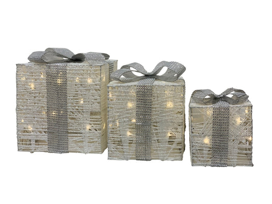 LED Geschenkboxen 3er Set 
mit Cotton - silber Masche 
mit total 72 LED