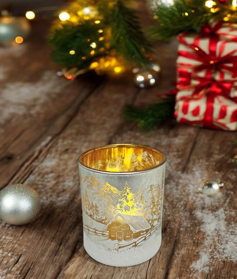 Windlicht aus Glas Bergdorfmotiv silber H7.8cm