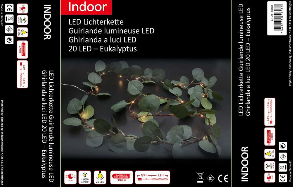 Guirlandes lumineuses LED
 Feuilles d'eucalyptus
 avec 20 LED
 Longueur 180cm