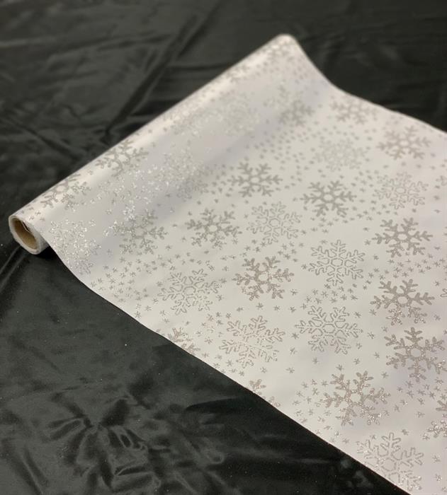 Dekostoff Satin Weiss + silber Glitzer
Design: Schneeflocken
Masse: 36cm x 300cm