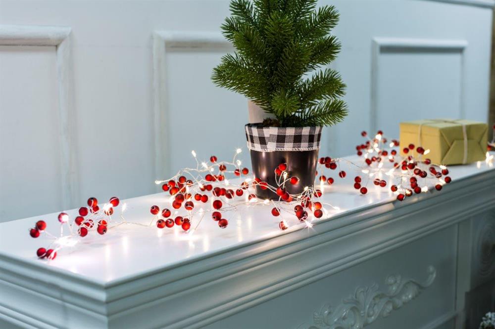 LED Lichterkette Cluster 
mit roten Kügelchen 
72 warm weisse LED 
Länge 180cm