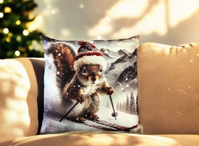 Kissen Eichhörnchen XMAS auf Ski Digitaldruck einseitig mit Reisverschluss