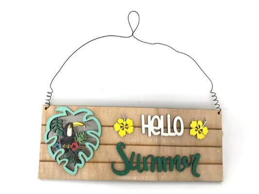 Türhänger Tukan "Hello Summer" 
aus Holz 
L: 23cm B: 0.5cm H: 9cm