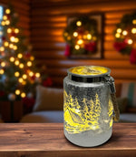 Windlicht aus Glas mit Hanfseil Henkel Bergdorfmotiv silber H14.5