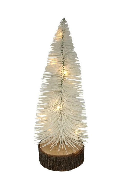 LED Tannenbaum Weiss auf Holzsockel H:28cm D: 11cm
Mit 10 Tautropfen LED