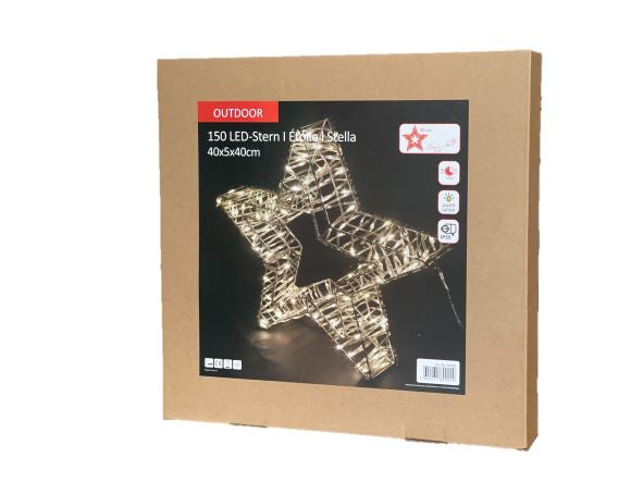 LED Stern Outdoor Metall
mit 150 LED
Farbe: Silber 
D: 40cm - T:5cm