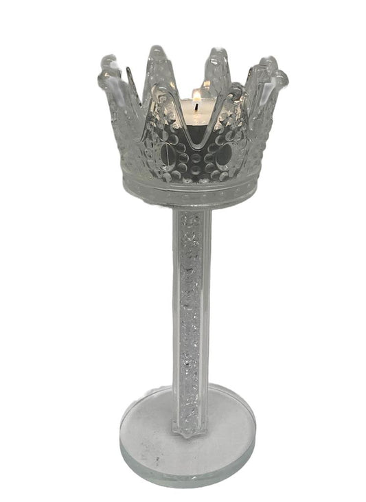 Teelichthalter Krone aus Glas 
gefüllt mit Strass 
D8cm H18cm
für Teelichter