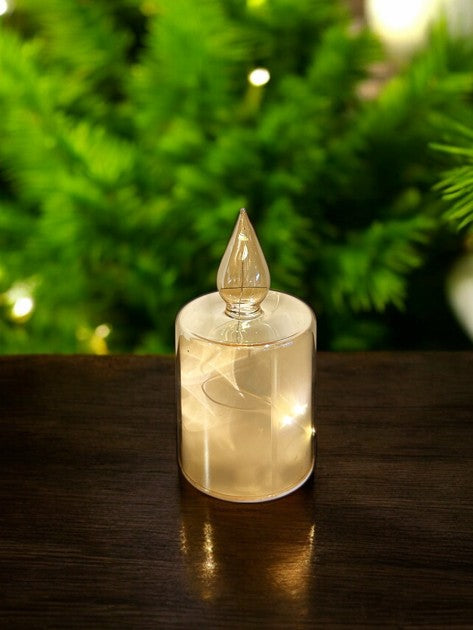 LED Glas Deko als Kerze transparent gold mit 10 LED Sternenmotive 3D